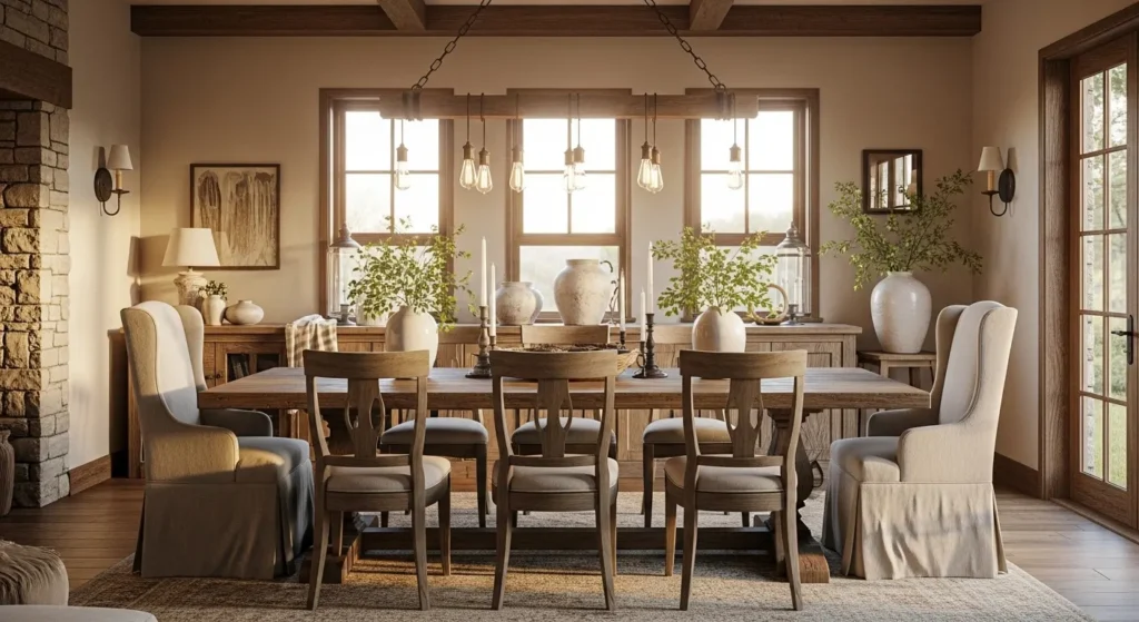 rustic dining room ideas cozy farmhouse wooden table warm lighting interior
