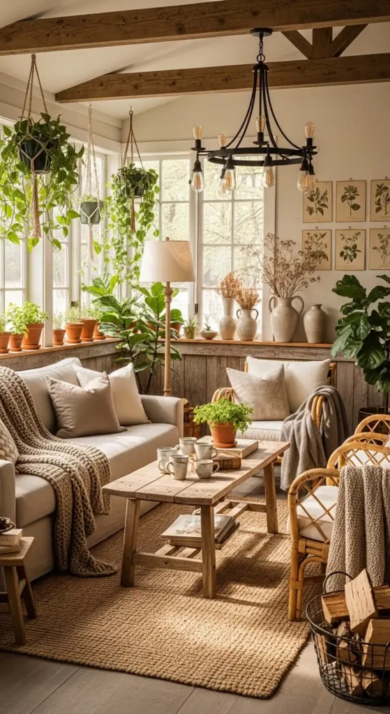 Rustic indoor sunroom furniture ideas cozy living room with wood and rattan furniture