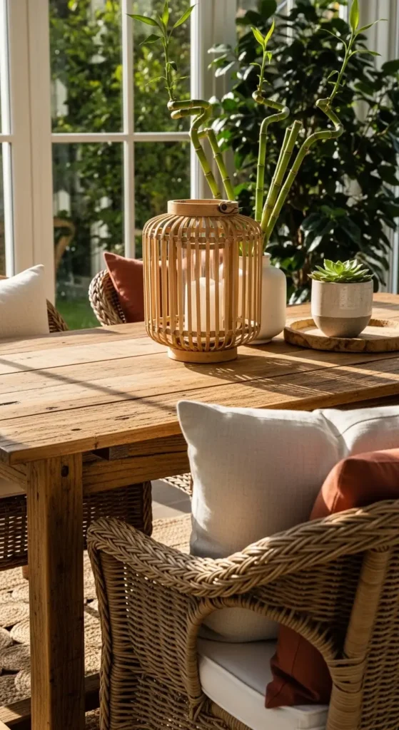 Rustic indoor sunroom furniture ideas natural wood wicker and bamboo textures