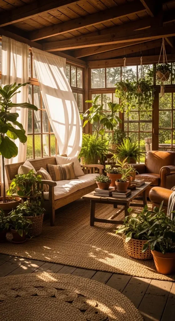 Rustic indoor sunroom furniture ideas natural lighting warm cozy sunlight room