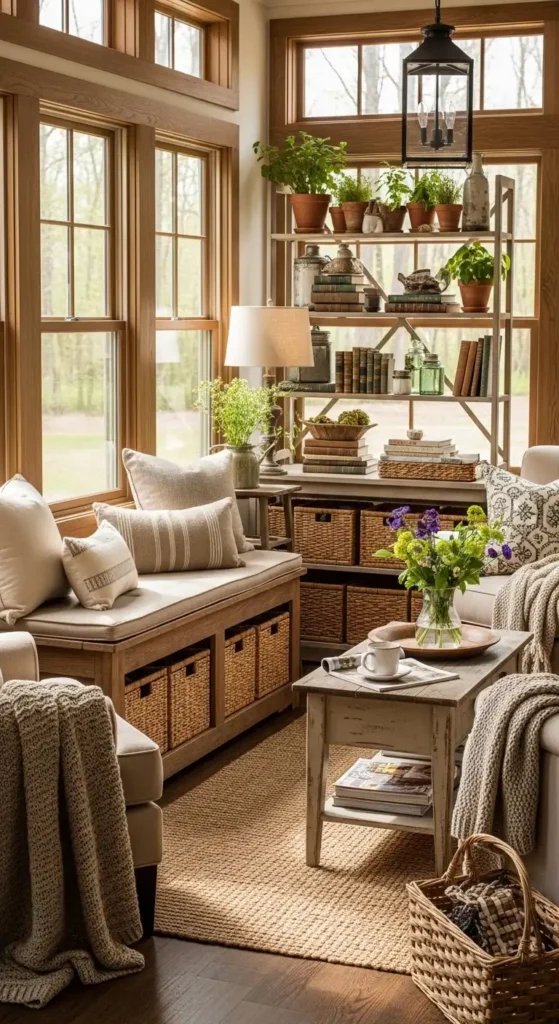 Rustic indoor sunroom furniture ideas with storage bench and baskets