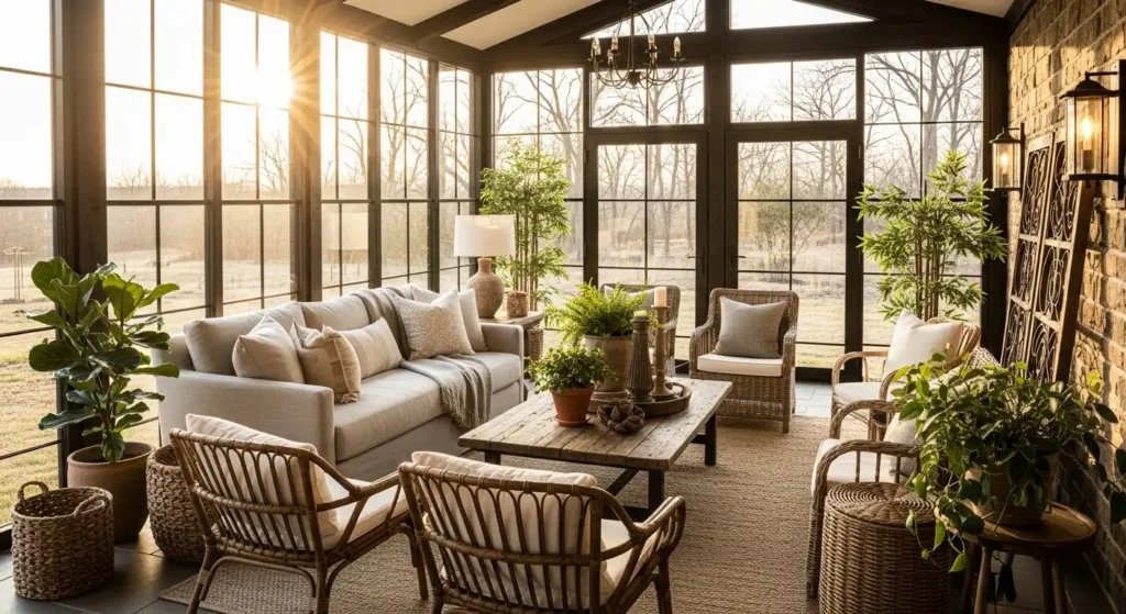 Rustic indoor sunroom furniture ideas cozy farmhouse sunroom with natural wood and rattan decor
