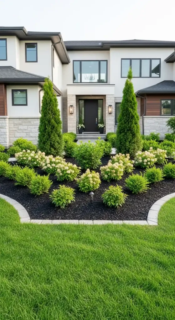 Simple foundation landscaping ideas for curb appeal with layered plants and clean edging