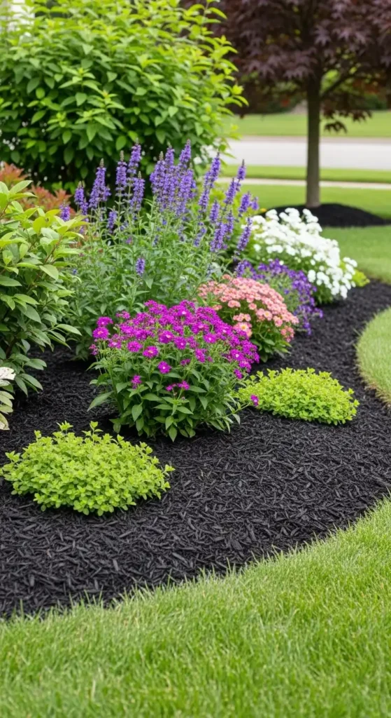 Mulching techniques in simple foundation landscaping ideas with fresh mulch beds