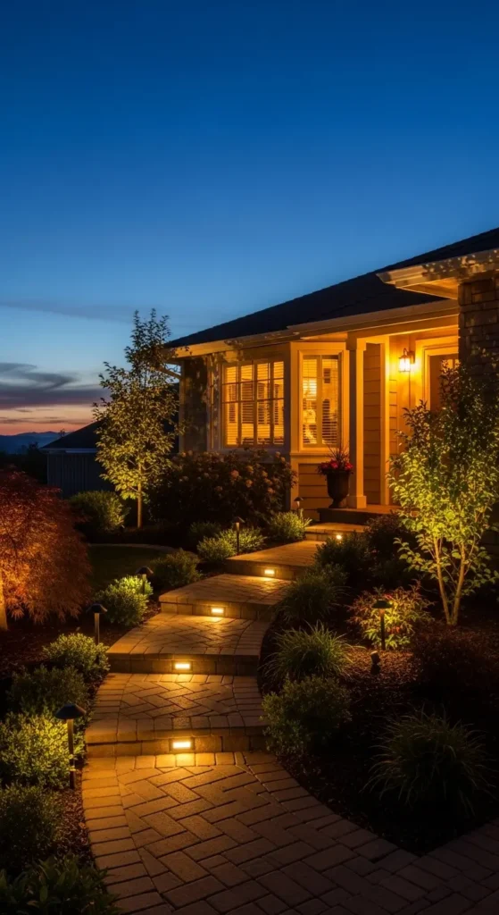 Outdoor lighting in simple foundation landscaping ideas for front yard ambiance