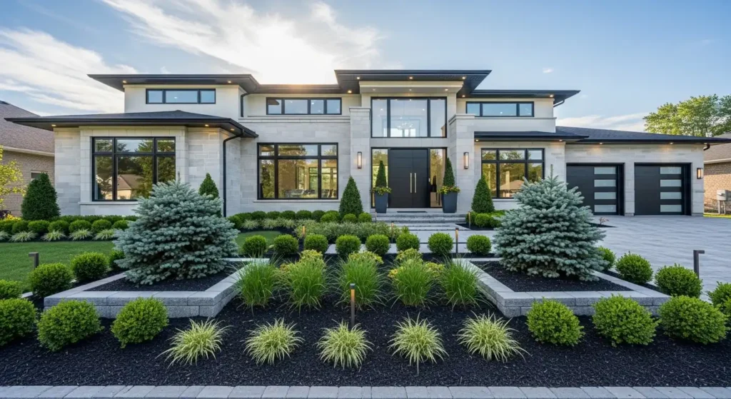 Simple foundation landscaping ideas with modern curb appeal, layered plants, and clean edging