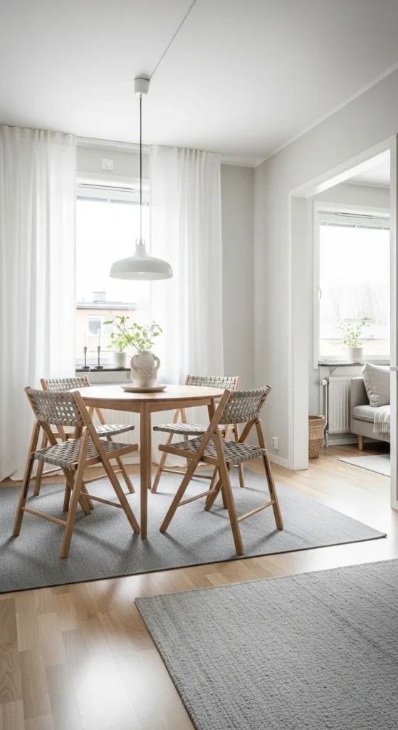 Small dining room decorating ideas with space-saving furniture and compact dining table