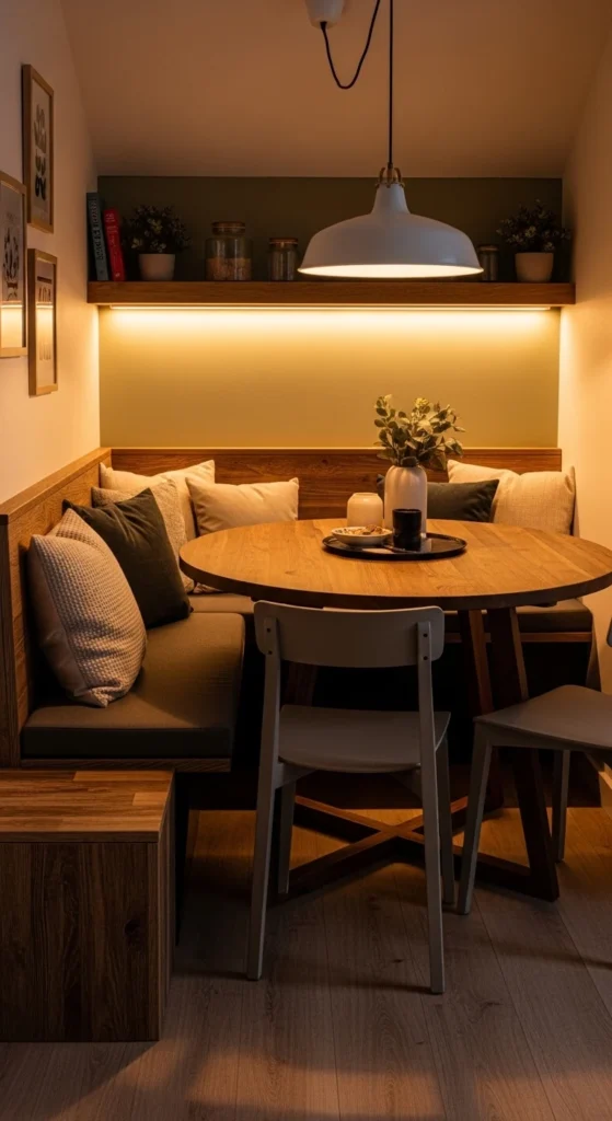 Small dining room decorating ideas with cozy dining nook and bench seating