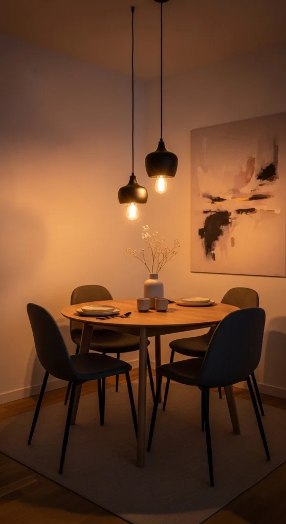 Small dining room decorating ideas with modern pendant lighting over table