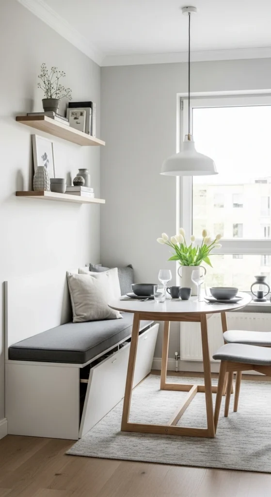 Small dining room decorating ideas with smart storage solutions and shelves