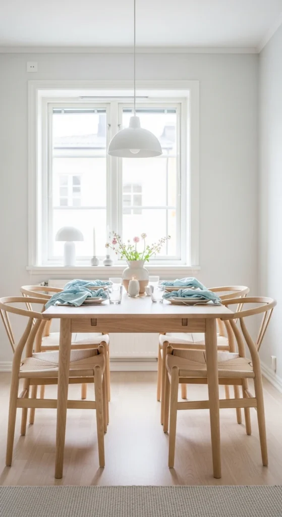 Small dining room decorating ideas with light color scheme for bigger space illusion