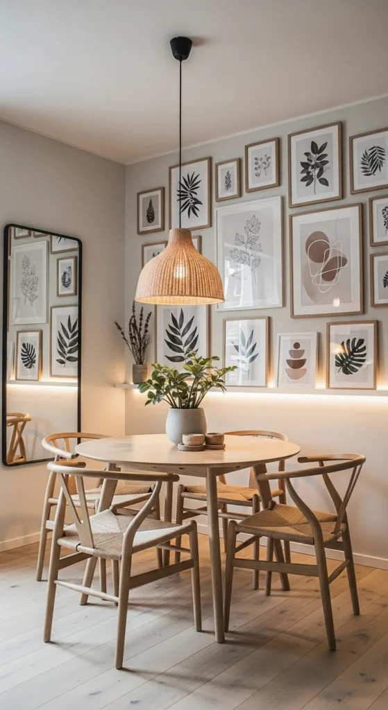 Small dining room decorating ideas with modern wall art and gallery wall