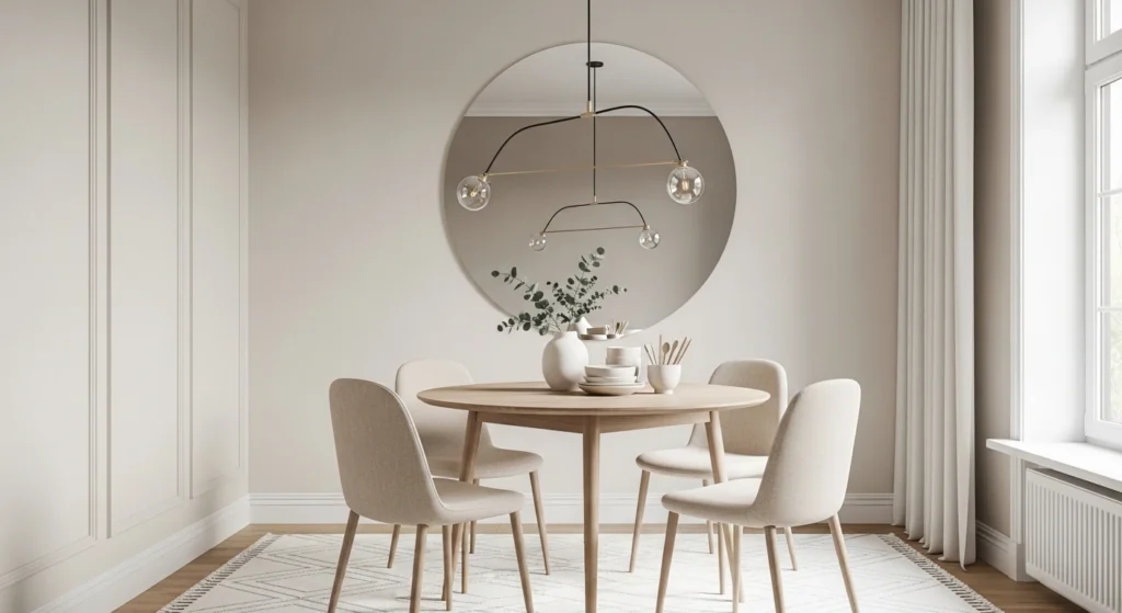 Small dining room decorating ideas with modern space-saving furniture, cozy lighting, and stylish minimalist interior design
