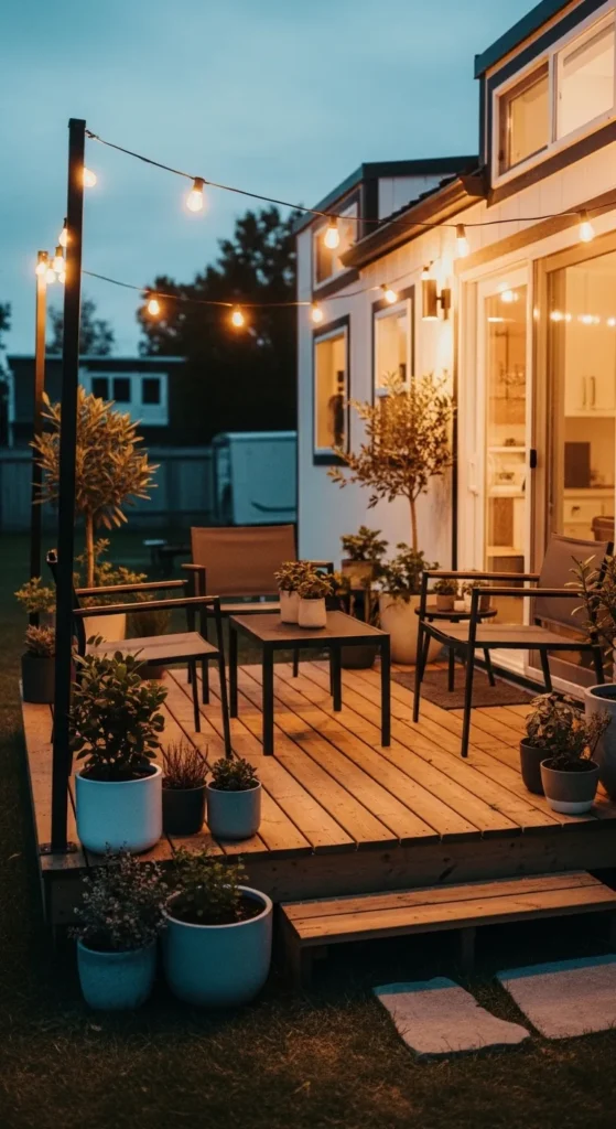 Tiny house landscaping ideas small patio cozy seating with lights and plants