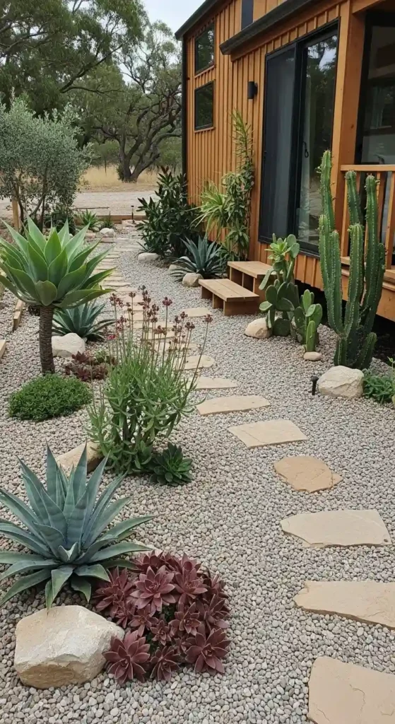 Tiny house landscaping ideas low maintenance garden with gravel and succulents