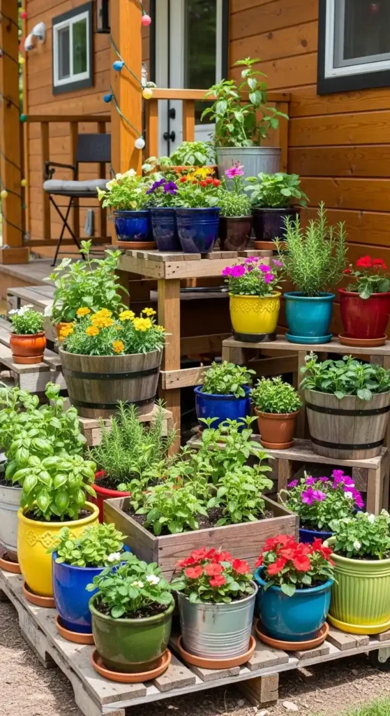 Tiny house landscaping ideas container gardening with pots and flowers