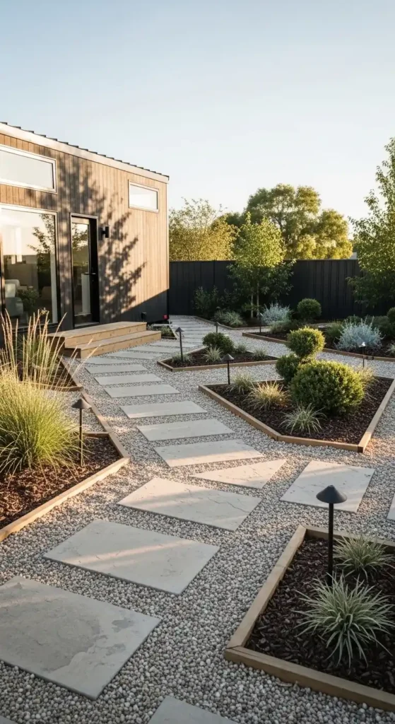 Tiny house landscaping ideas gravel pathway and stone garden design