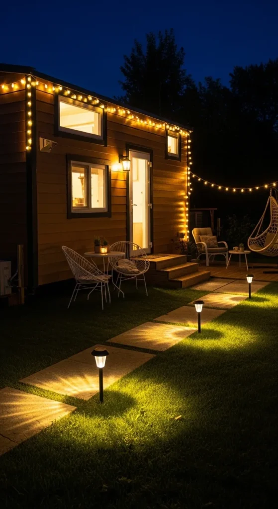 Tiny house landscaping ideas warm outdoor lighting with fairy lights