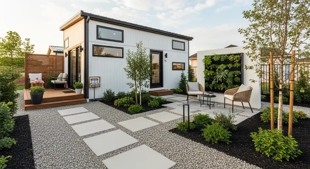 Tiny house landscaping ideas modern outdoor space with minimalist garden and cozy patio design