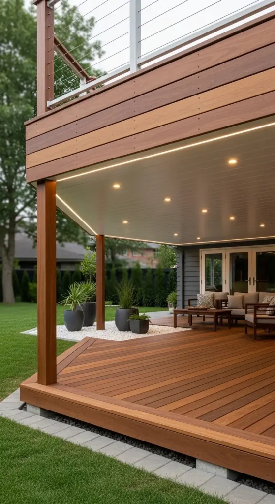 Under deck landscaping ideas with waterproof drainage system and modern deck structure