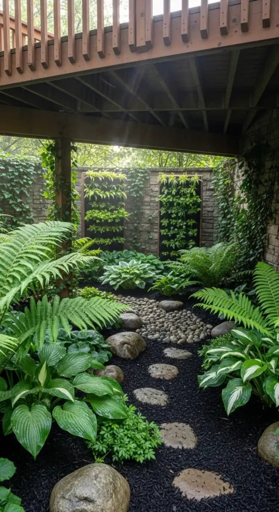 Under deck landscaping ideas with lush shaded garden and green plants