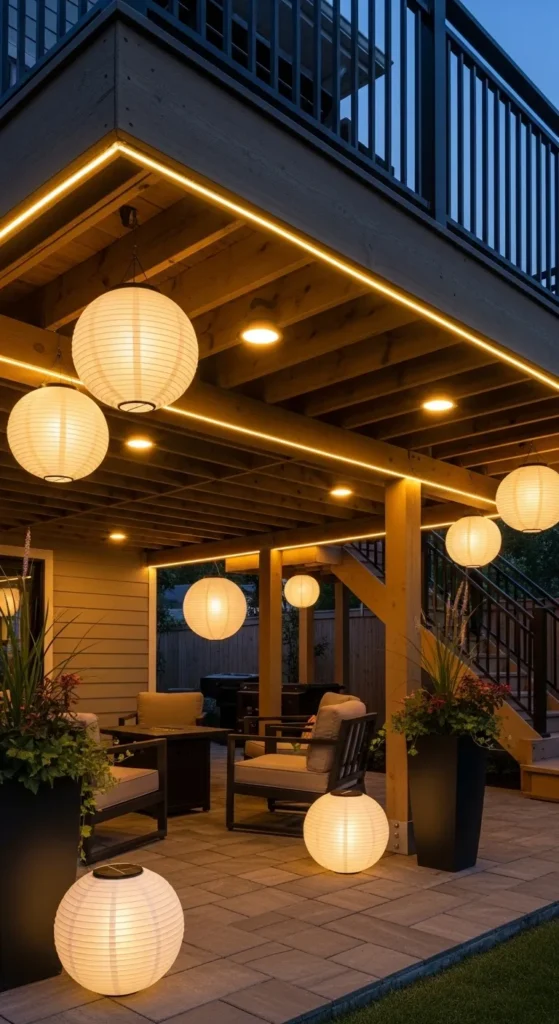 Under deck landscaping ideas with modern outdoor lighting and warm ambiance