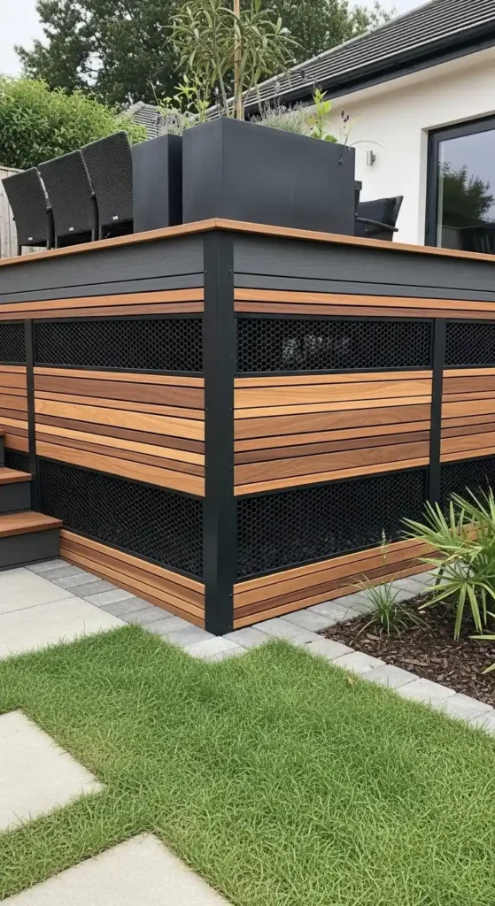 Under deck landscaping ideas with modern deck skirting design and clean finish