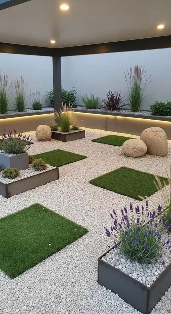 Under deck landscaping ideas with low maintenance gravel and artificial turf design
