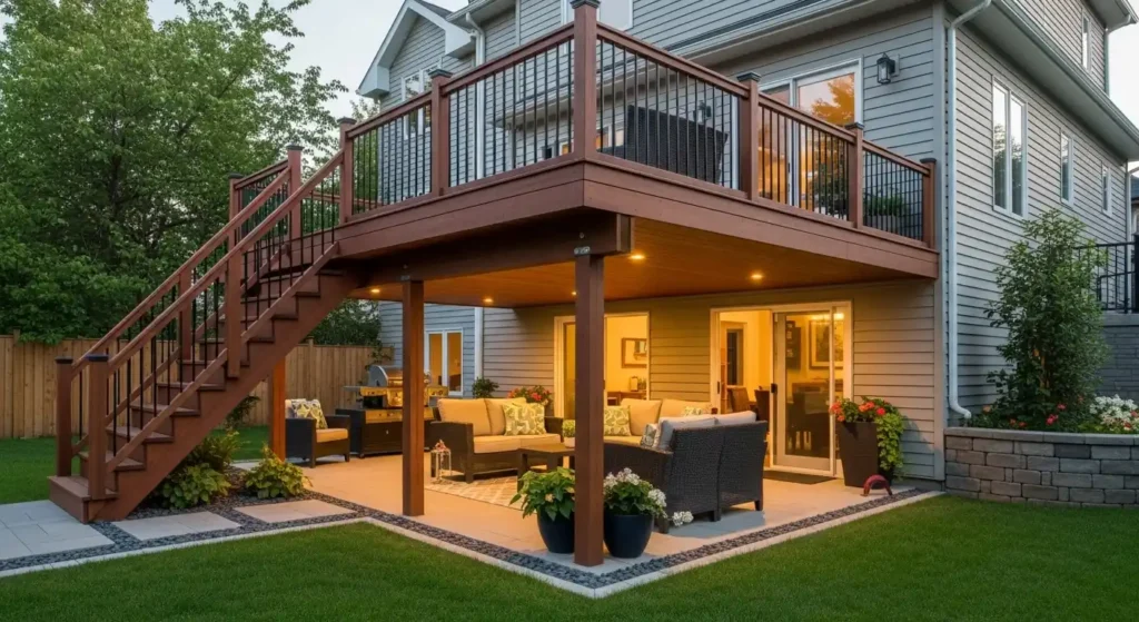 Under deck landscaping ideas with modern outdoor living space, cozy seating, and garden design under a raised deck