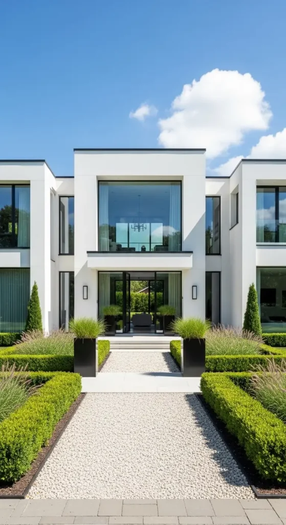 Modern white house landscaping ideas with clean minimalist front yard design