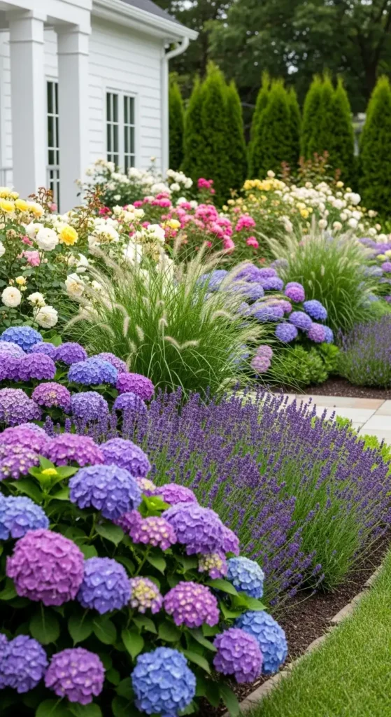 Best plants for white house landscaping ideas with hydrangeas lavender roses