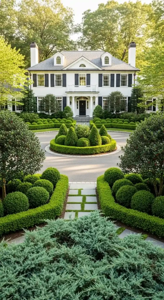 White house landscaping ideas with evergreen shrubs and structured hedges