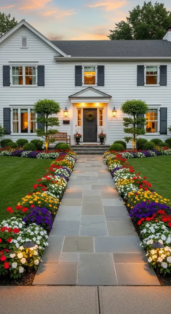 Front yard landscaping ideas for white houses with walkway and flower beds
