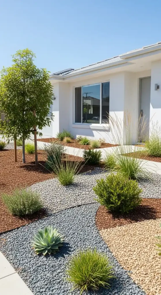 Low maintenance white house landscaping ideas with drought tolerant plants and mulch