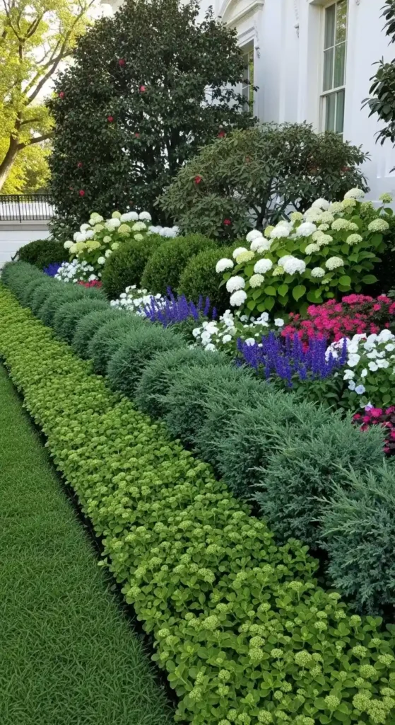 White house landscaping ideas with layered foundation planting shrubs and flowers