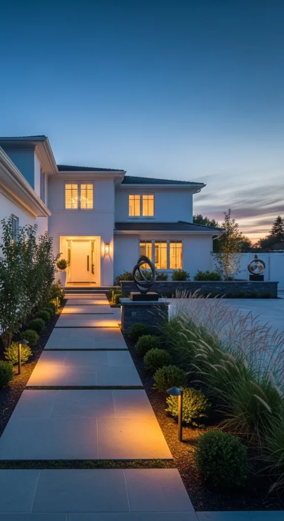White house landscaping ideas with stone walkway and driveway garden borders
