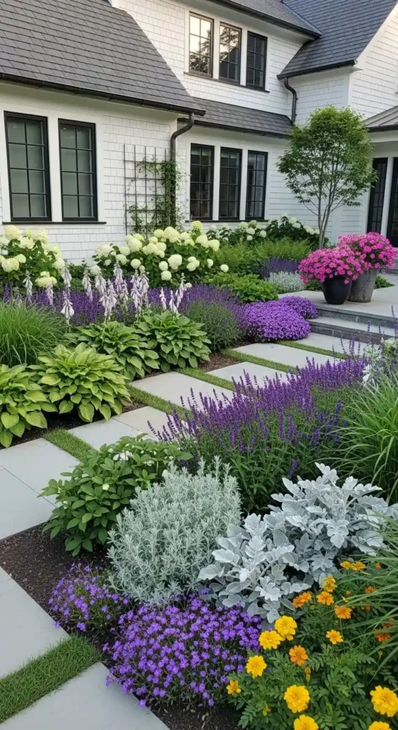 White house landscaping ideas with color coordinated garden plants and flowers