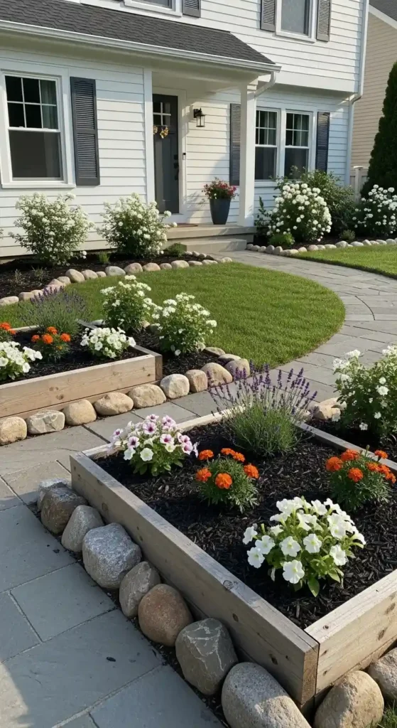 Budget friendly white house landscaping ideas with simple DIY garden design