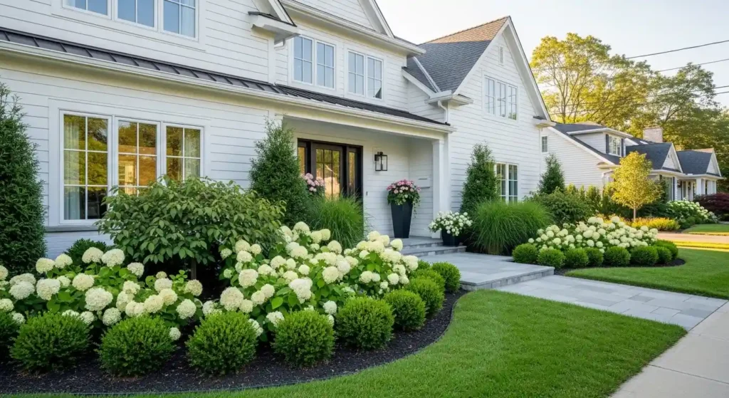 White house landscaping ideas with modern front yard design and lush greenery
