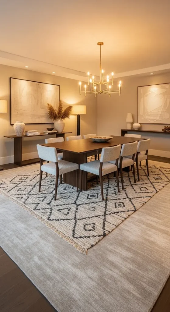 layering rugs dining room designer carpet styling modern interior decor