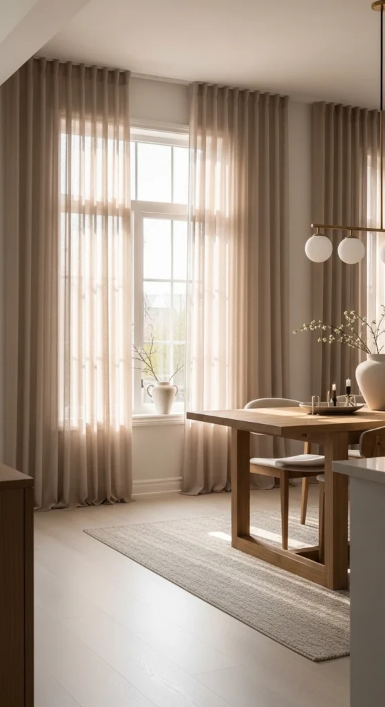 modern dining room window treatment ideas with linen curtains
