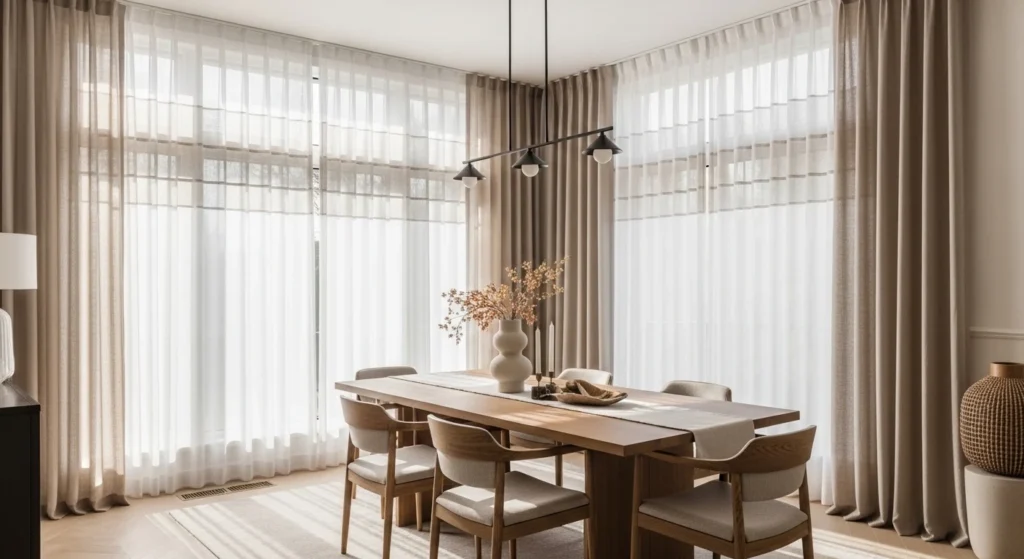 dining room window treatment ideas with elegant layered curtains and modern interior design