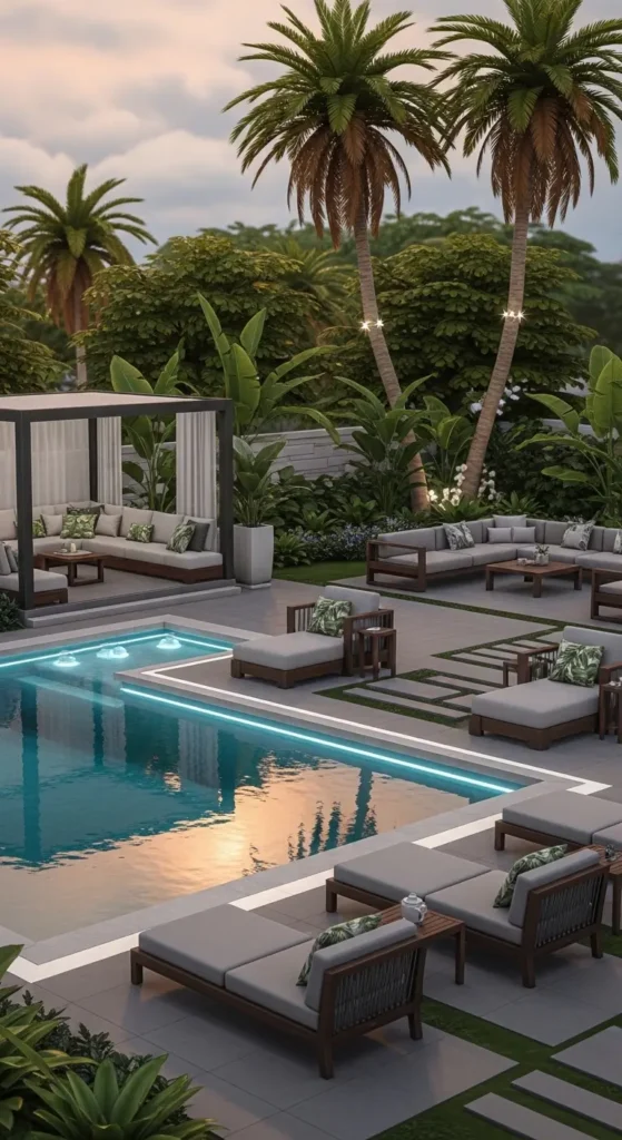 Sims landscaping ideas pool area with luxury outdoor living space