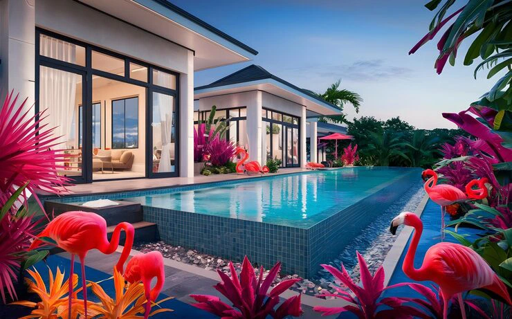 Sims landscaping ideas feature image showing a luxury backyard garden with pool, greenery, and aesthetic outdoor design