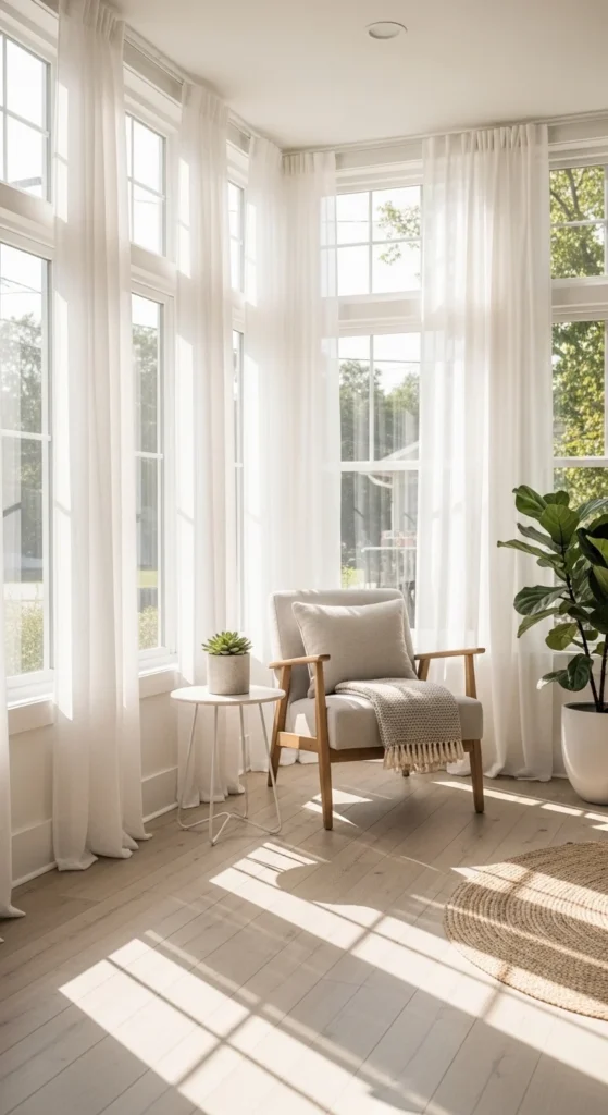 small indoor sunroom decorating ideas with natural light and airy design