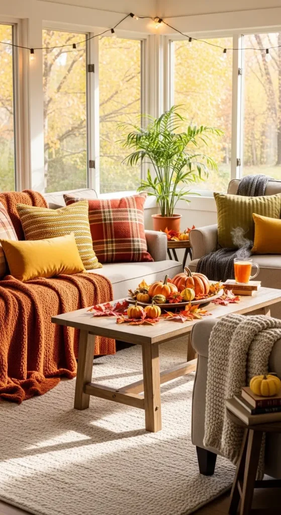small indoor sunroom decorating ideas with seasonal decor