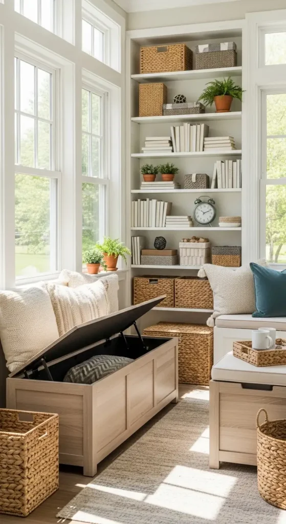 small indoor sunroom decorating ideas with smart storage