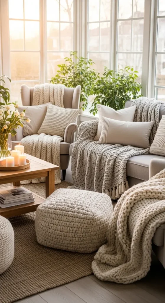 small indoor sunroom decorating ideas with cozy textiles and soft decor