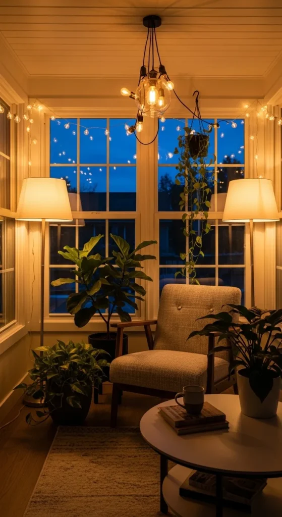 small indoor sunroom decorating ideas with layered lighting
