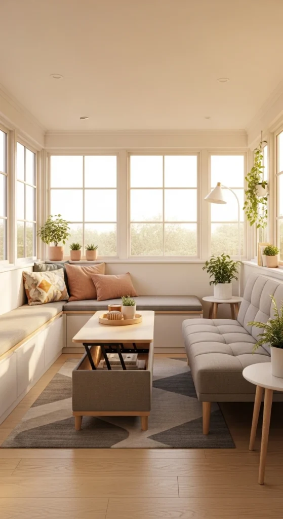 small indoor sunroom decorating ideas with multifunctional furniture